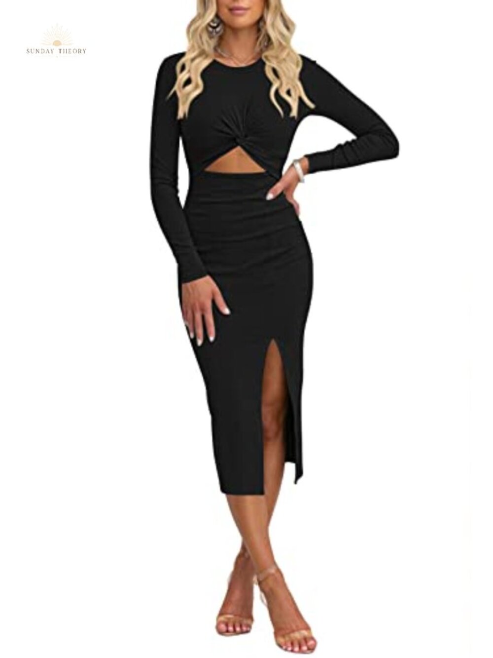 Long Sleeve Midi Dress Cutout Twist Front Bodycon Slit Ribbed Knit